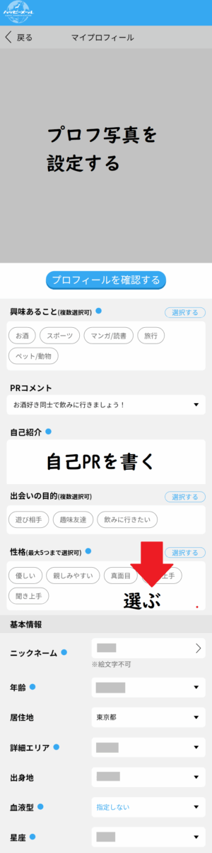ハッピーメールのプロフィール設定